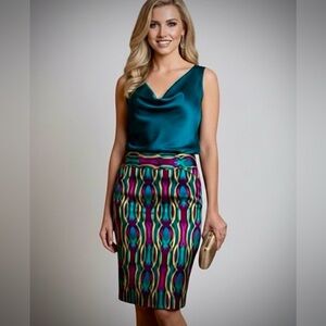 Etcetera NWT Teal Purple Geometric Sateen Pencil Skirt Size 00 XXS Luxe